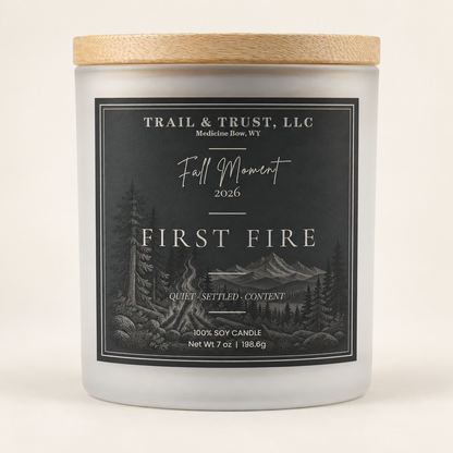 Trail & Trust First Fire candle, Fall 2026 — clean product view