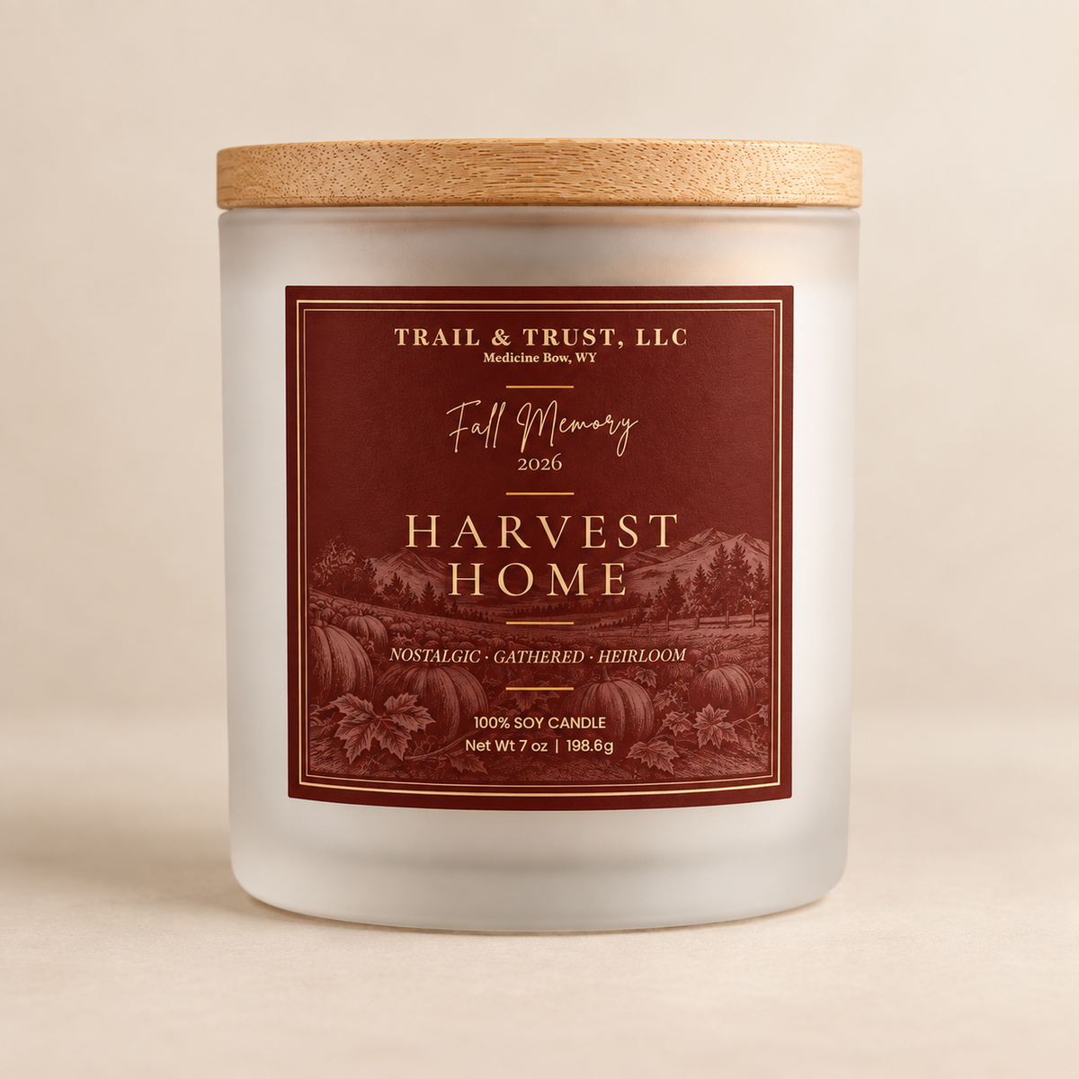 Trail & Trust Harvest Home candle, Fall 2026 — clean product view