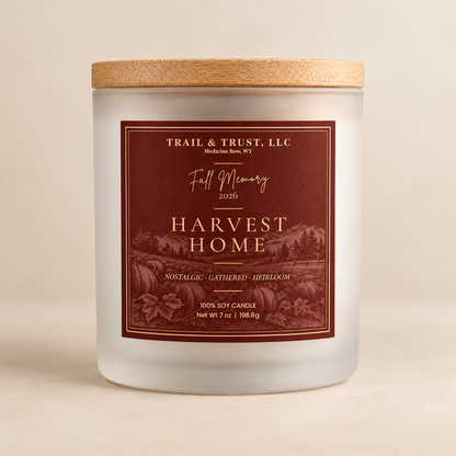 Trail & Trust Harvest Home candle, Fall 2026 — clean product view