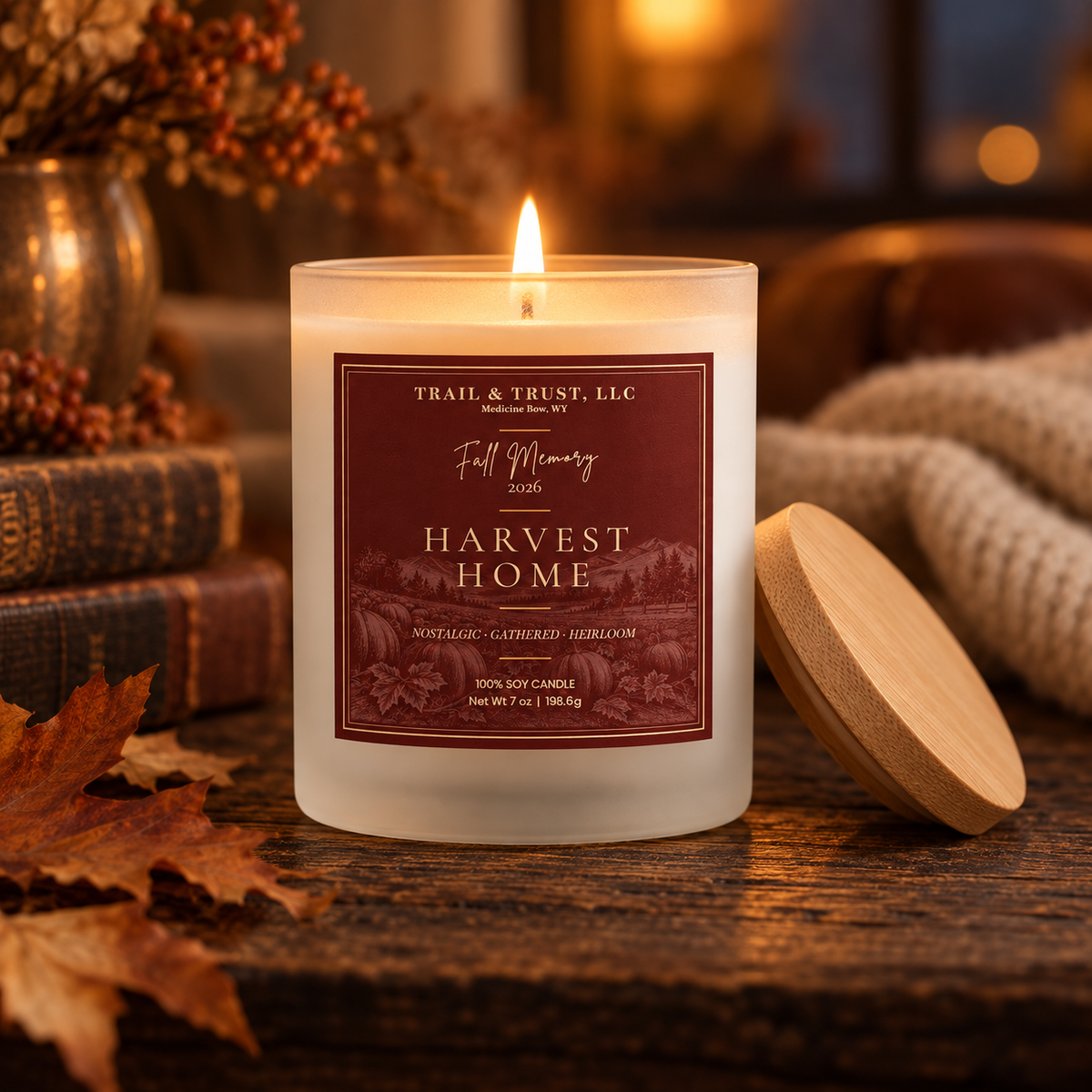 Trail & Trust Harvest Home candle, Fall 2026 — warm autumn lifestyle setting