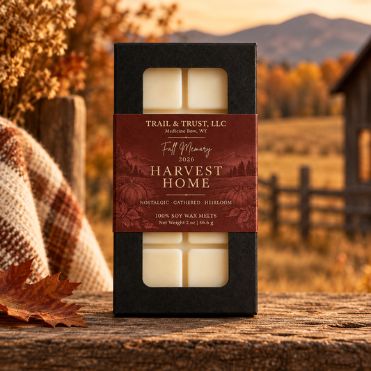 Trail & Trust Harvest Home wax melts, Fall 2026 — hero image with mountain landscape
