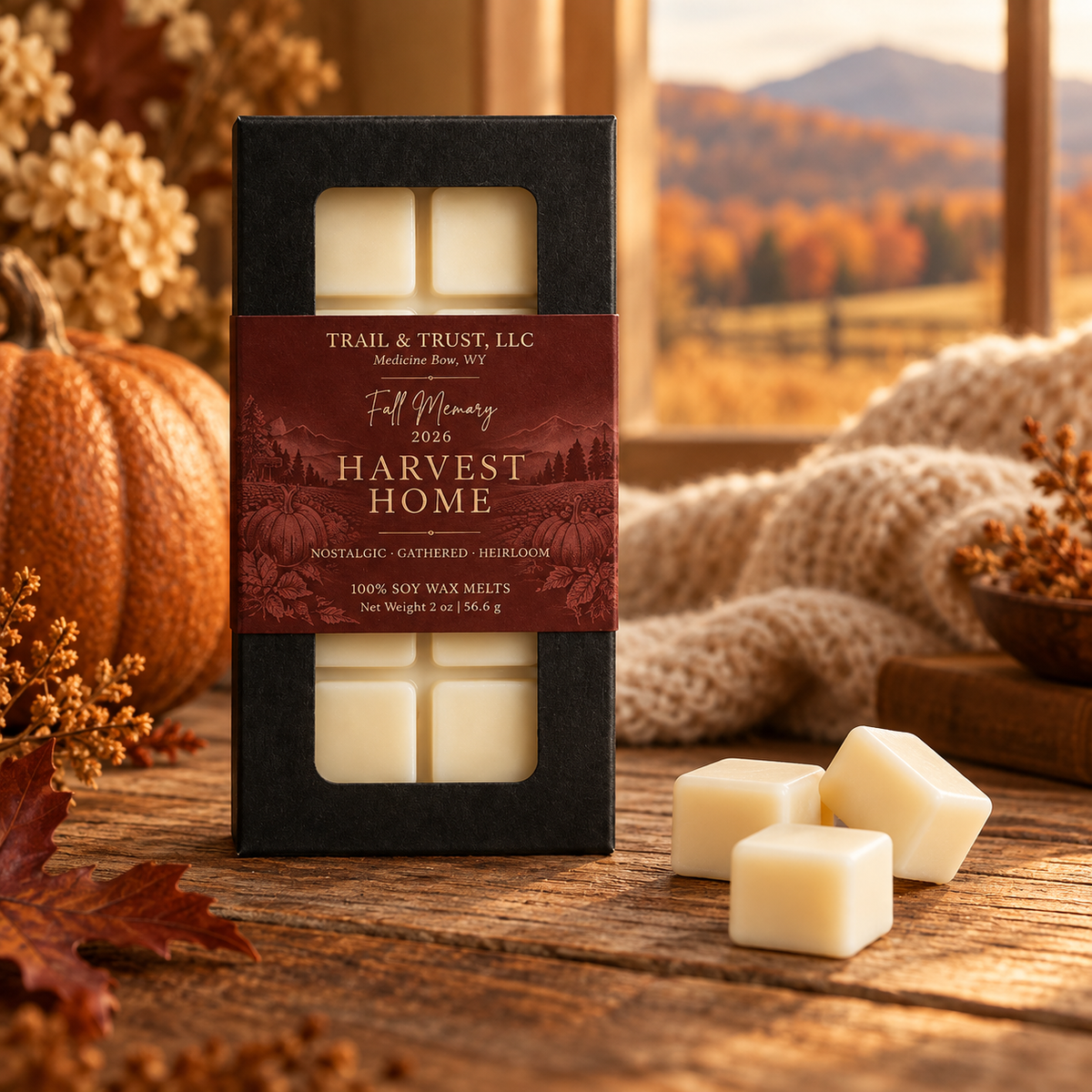 Trail & Trust Harvest Home wax melts, Fall 2026 — warm autumn lifestyle setting