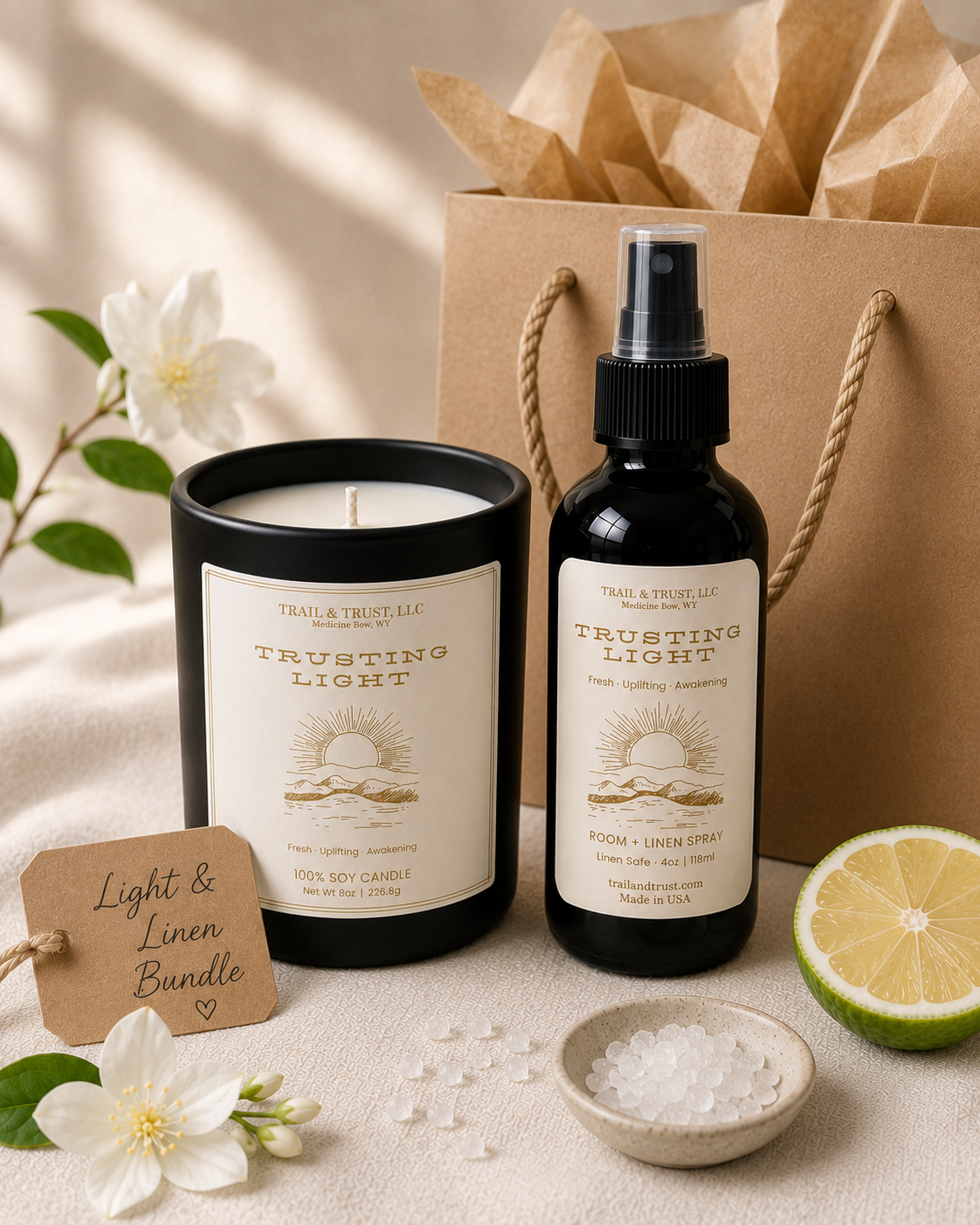 Light & Linen Bundle | Luxury Soy Candle & Room Spray Gift Set