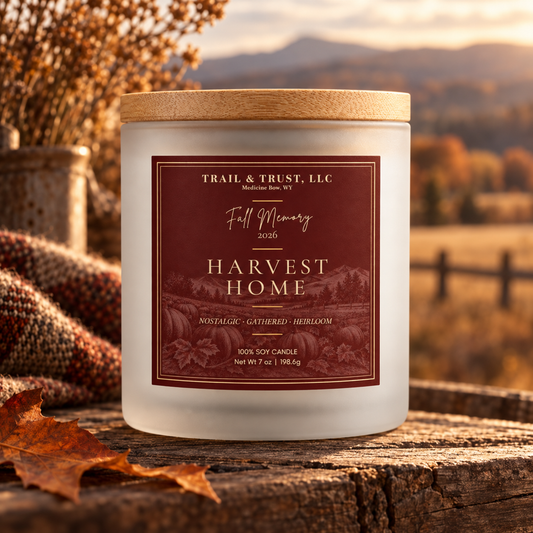 Trail & Trust Harvest Home candle with burgundy Fall Memory 2026 label in an autumn landscape