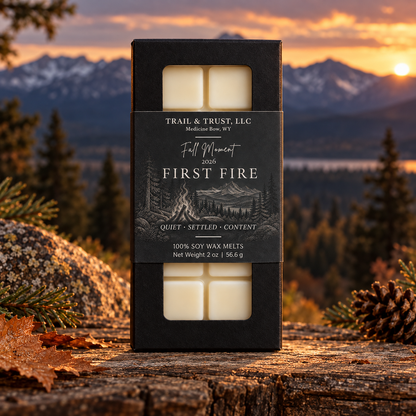 Trail & Trust First Fire wax melts, Fall 2026 — hero image with mountain landscape