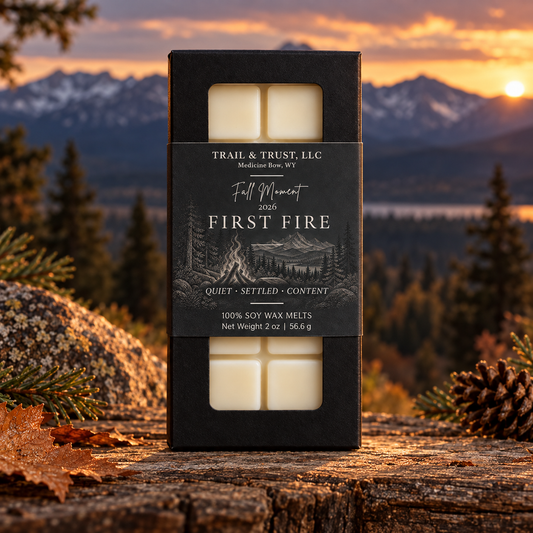 Trail & Trust First Fire wax melts, Fall 2026 — hero image with mountain landscape