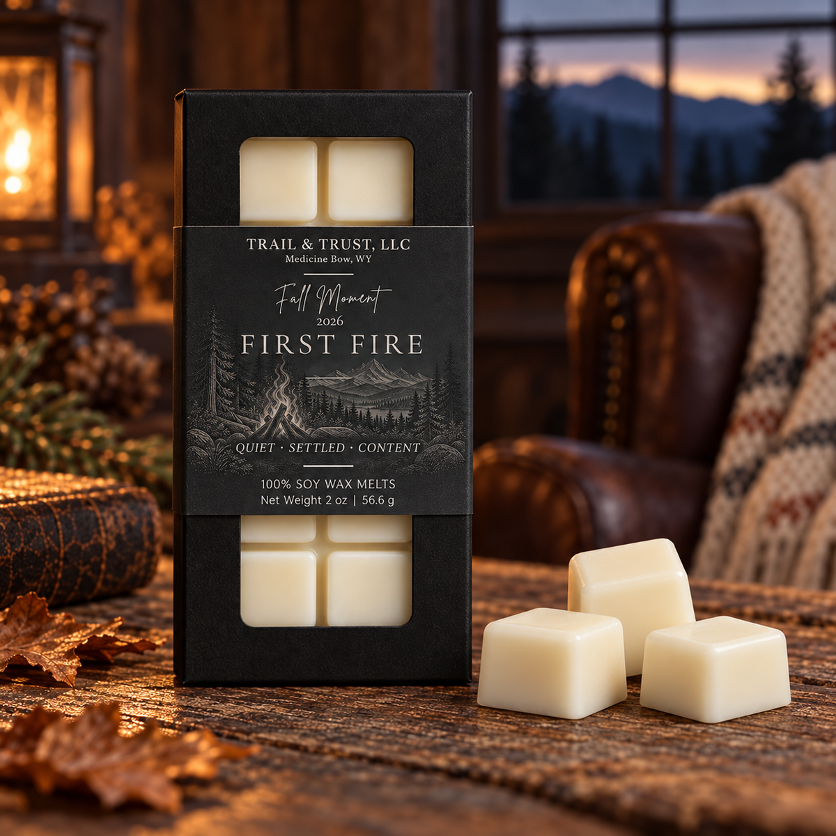 Trail & Trust First Fire wax melts, Fall 2026 — warm autumn lifestyle setting