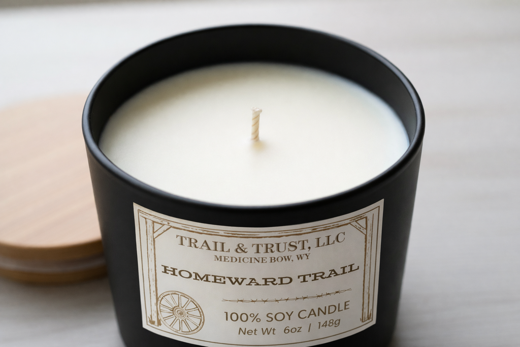 Closeup of Homeward Trail non-toxic soy candle showing smooth soy wax and cotton wick