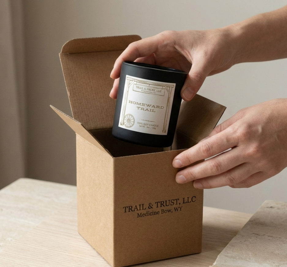 Unboxing Homeward Trail non-toxic soy candle with eco-friendly packaging and Trail & Trust branding