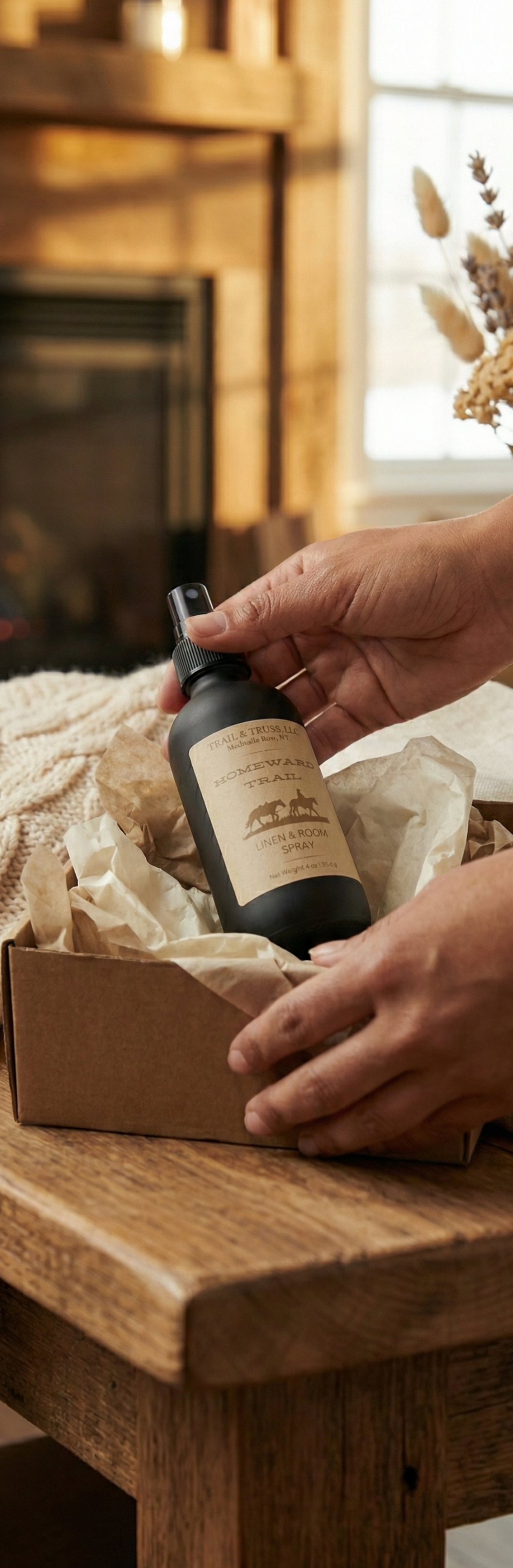 Unboxing Homeward Trail non-toxic room spray showing packaging and bottle