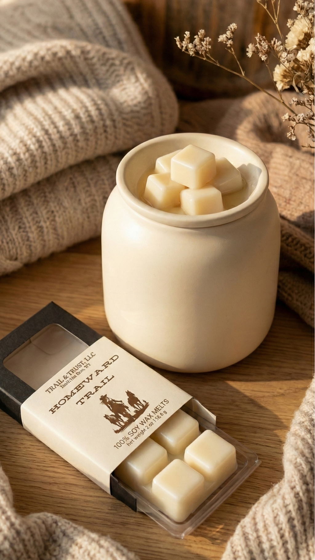 Homeward Trail wax melts in warmer releasing warm, natural fragrance