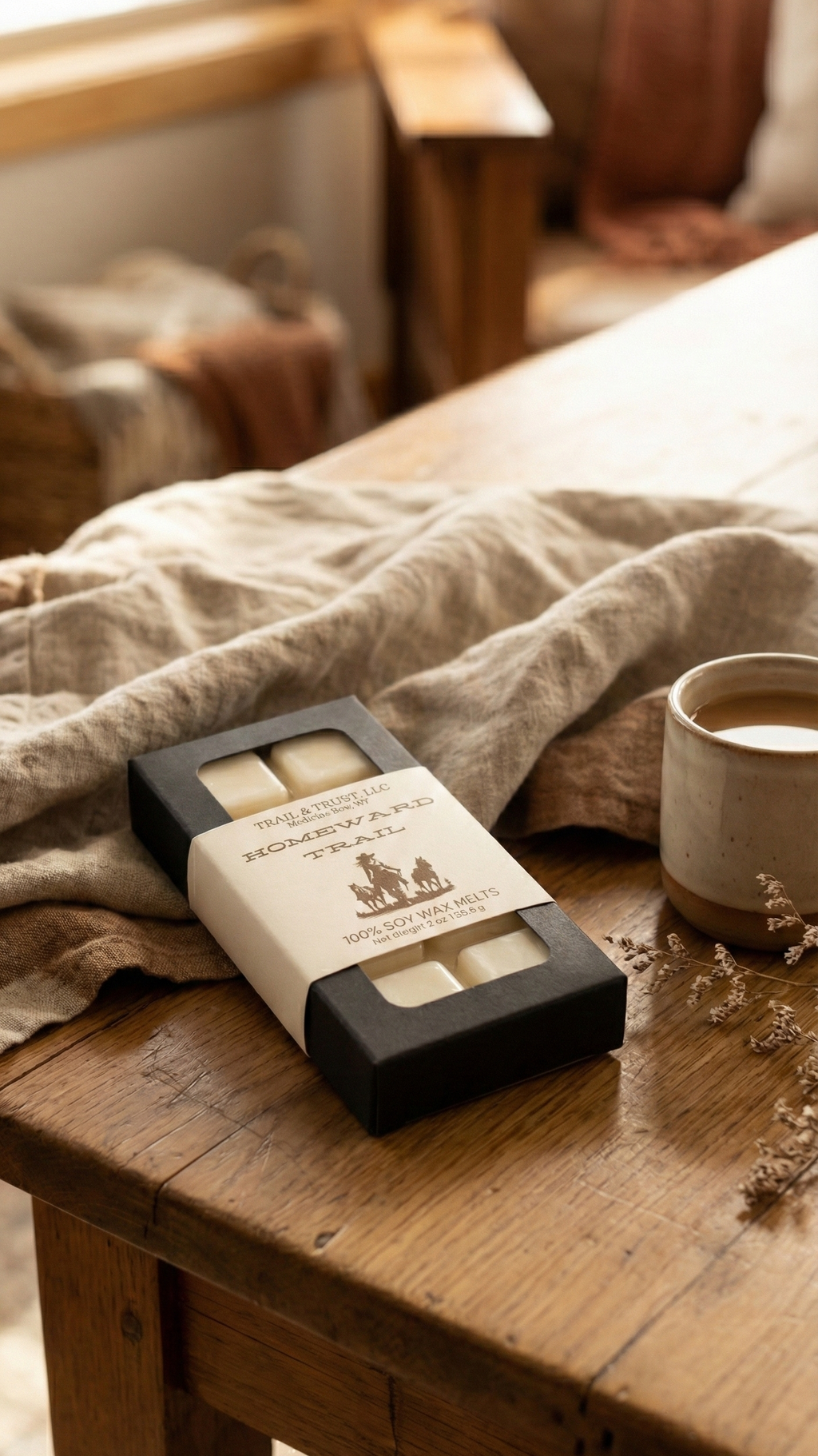 Homeward Trail wax melts on a cozy surface, evoking warm, comforting spaces