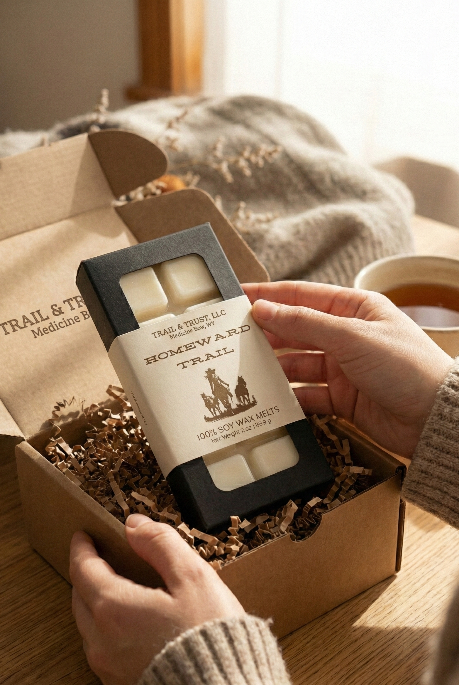 Unboxing Homeward Trail wax melts showing packaging and eco-friendly design
