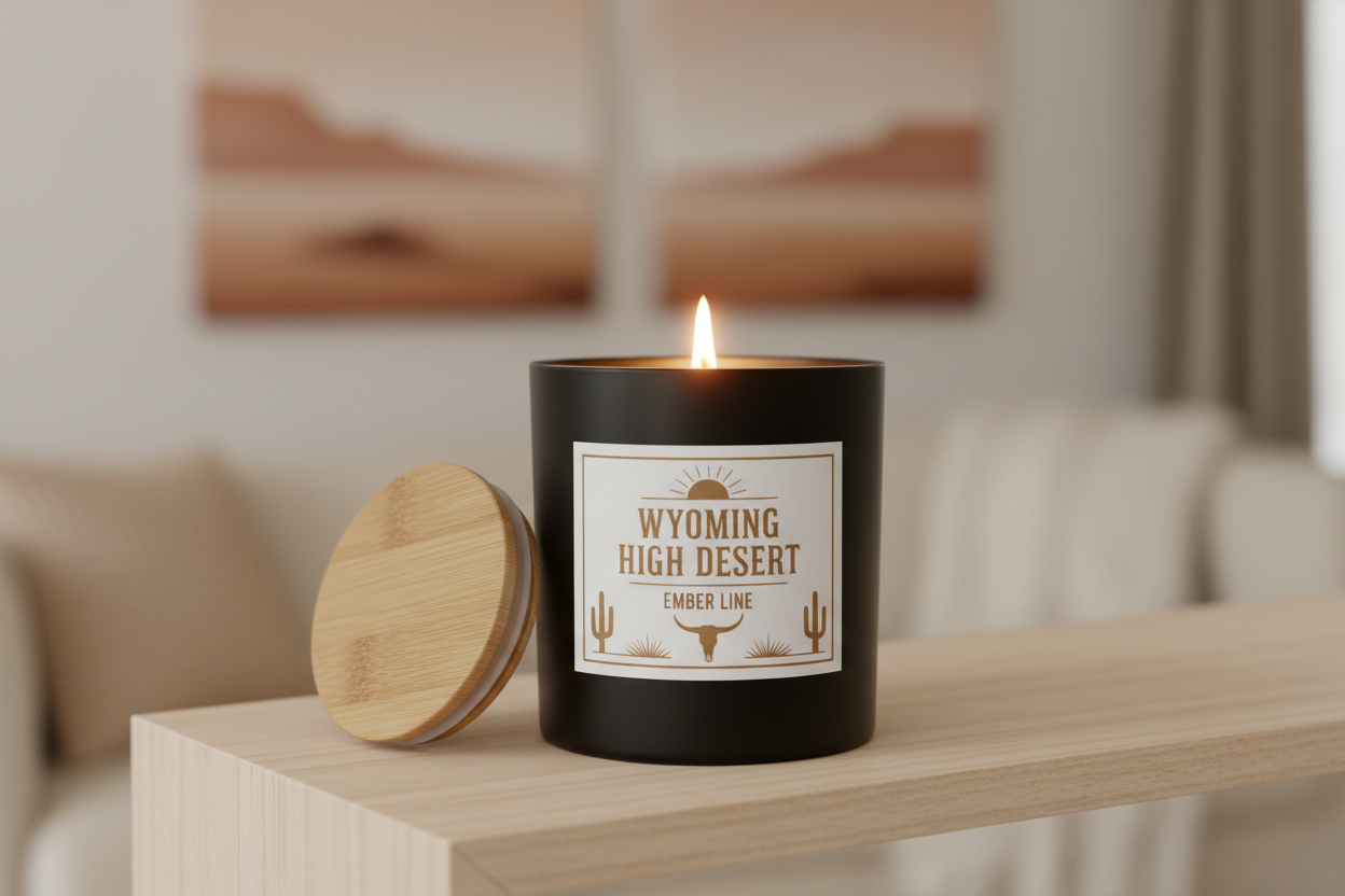 jar should be matte black with a bamboo lid sitting beside it. label should be white with bronze colored text in a western themed font that reads "Wyoming High Desert". "Ember Line" should be in a simple sanserif font. Desert themed clip art is okay in the same bronze color as the text. Candle should be burning but no smoke rising.