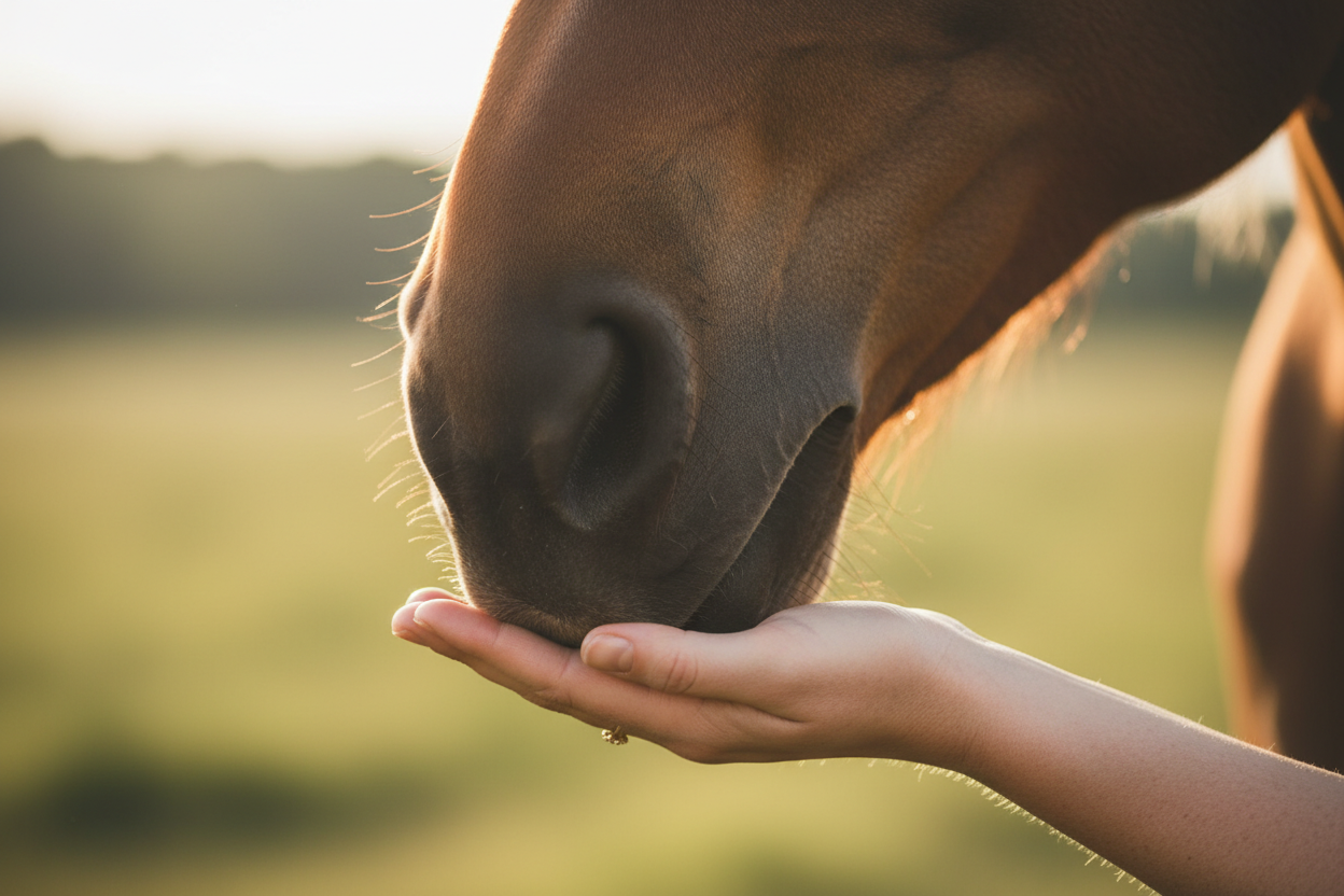 The soft embrace of a horses muzzle and a womans hand