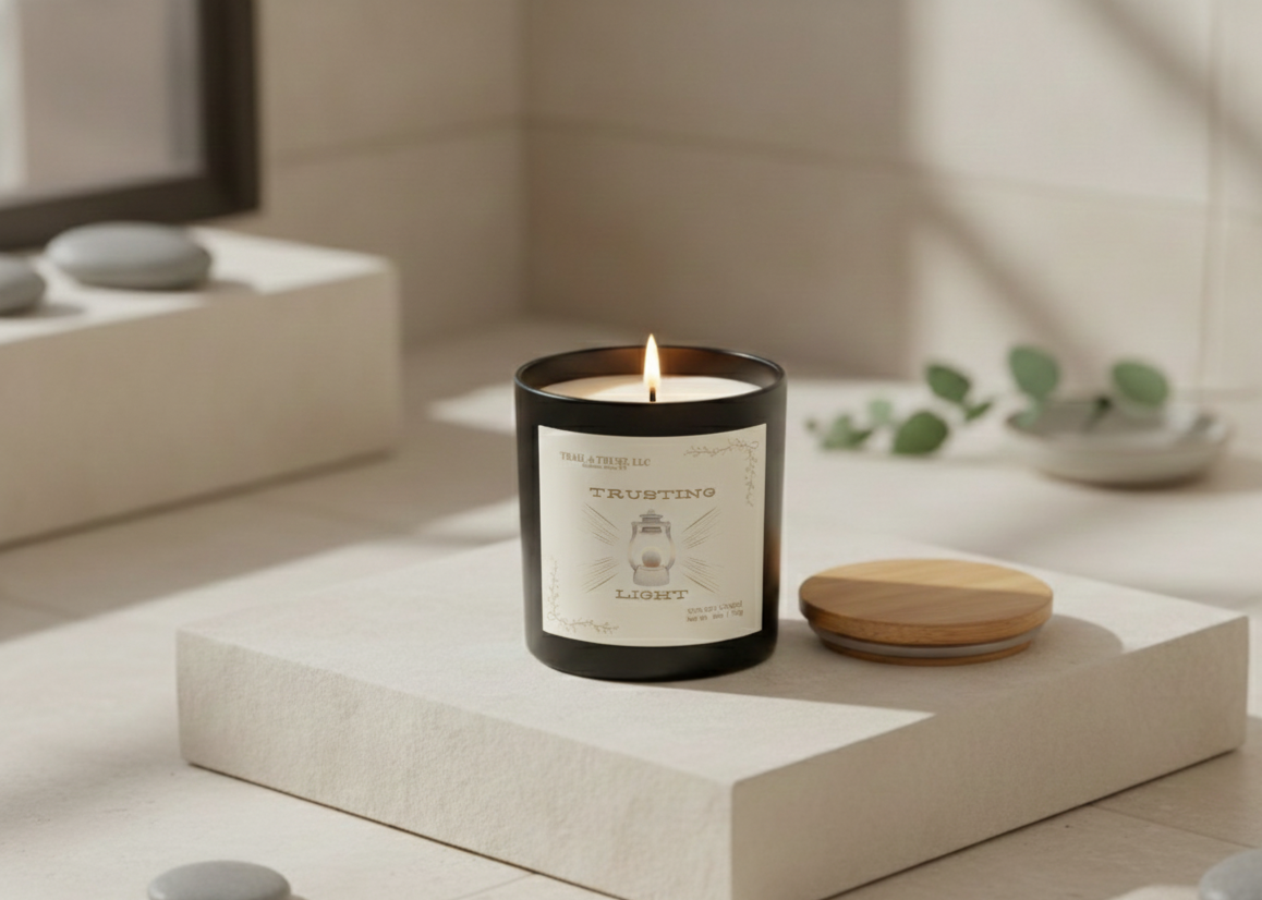 Trusting Light non-toxic soy candle burning on a relaxing spay stone, creating a calming atmosphere