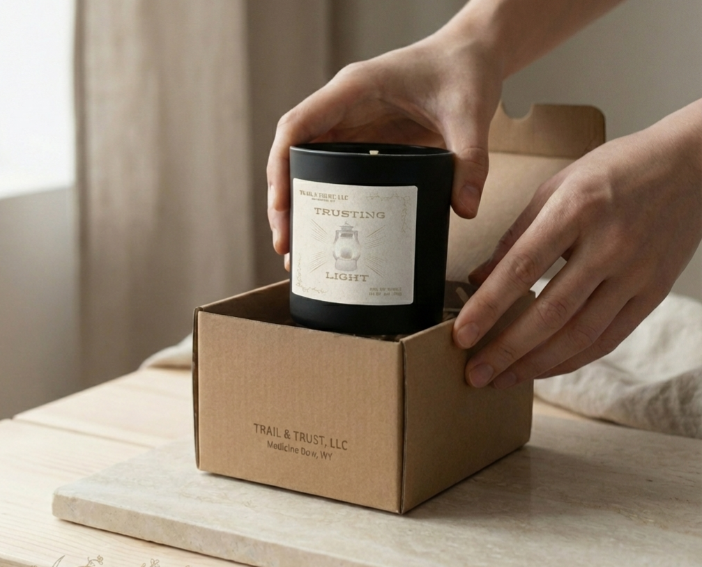 Unboxing Trusting Light non-toxic soy candle with eco-friendly packaging and brand story
