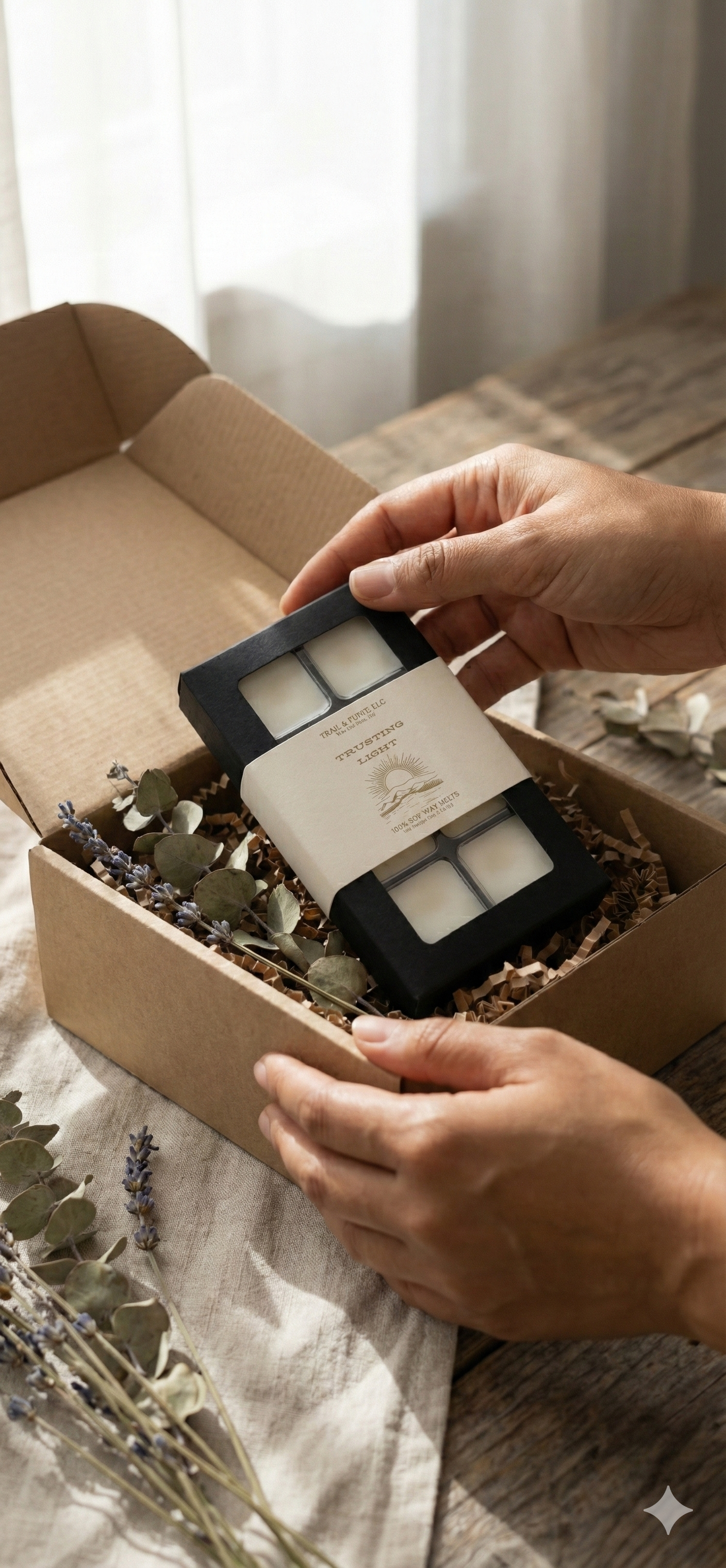 Unboxing Trusting Light wax melts showing packaging and eco-friendly design