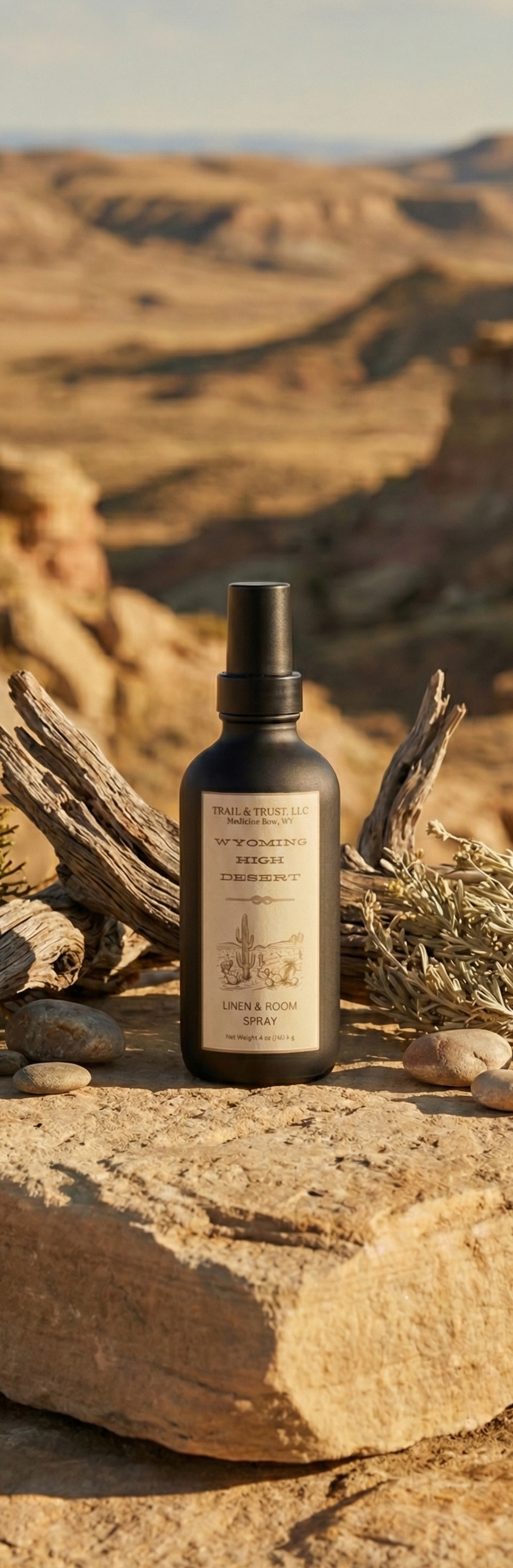 Wyoming High Desert non-toxic room spray bottle on desert rock, inspired by open landscapes and rugged calm