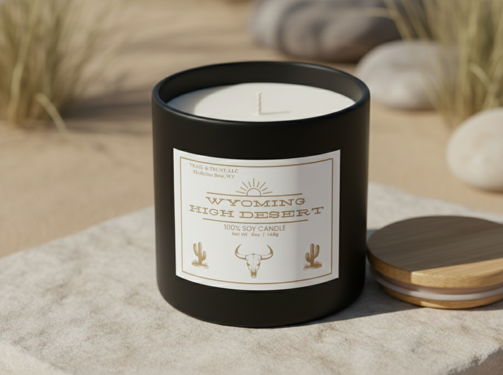 Closeup of Wyoming High Desert non-toxic soy candle showing smooth soy wax and cotton wick