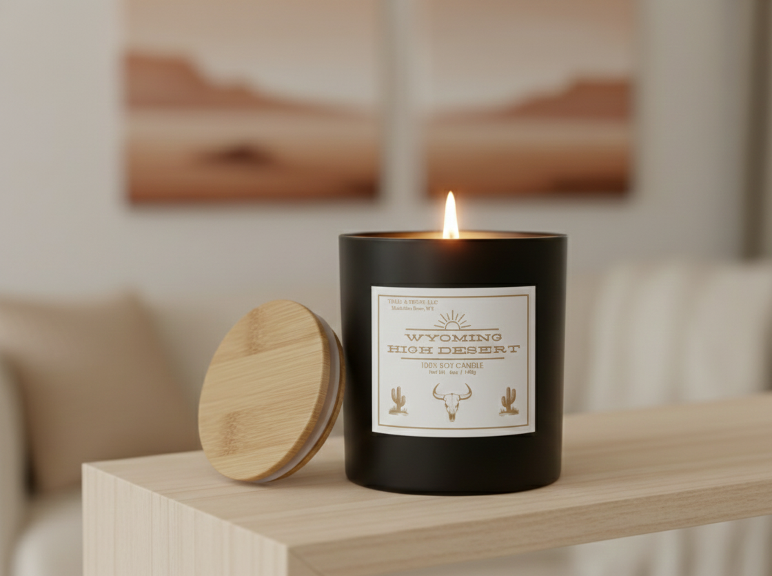 Wyoming High Desert non-toxic soy candle burning in a calm, earthy home setting
