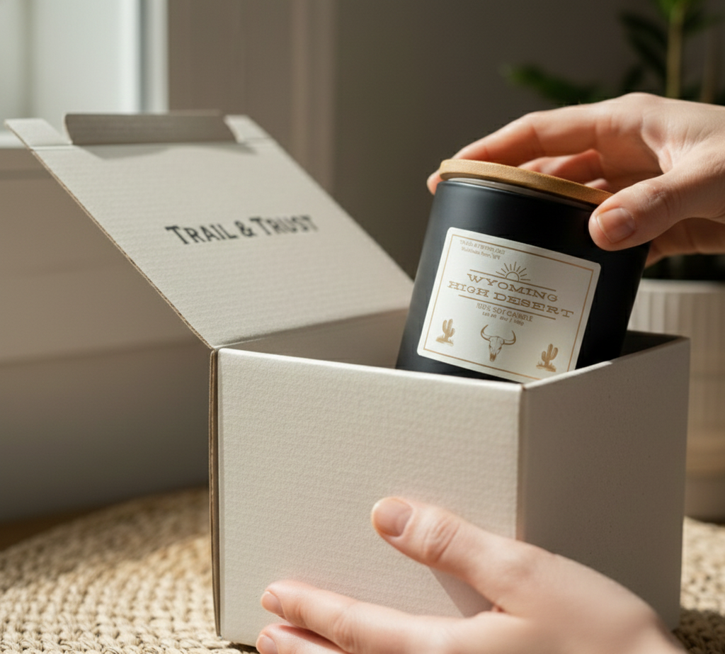 Unboxing Wyoming High Desert non-toxic soy candle with eco-friendly packaging