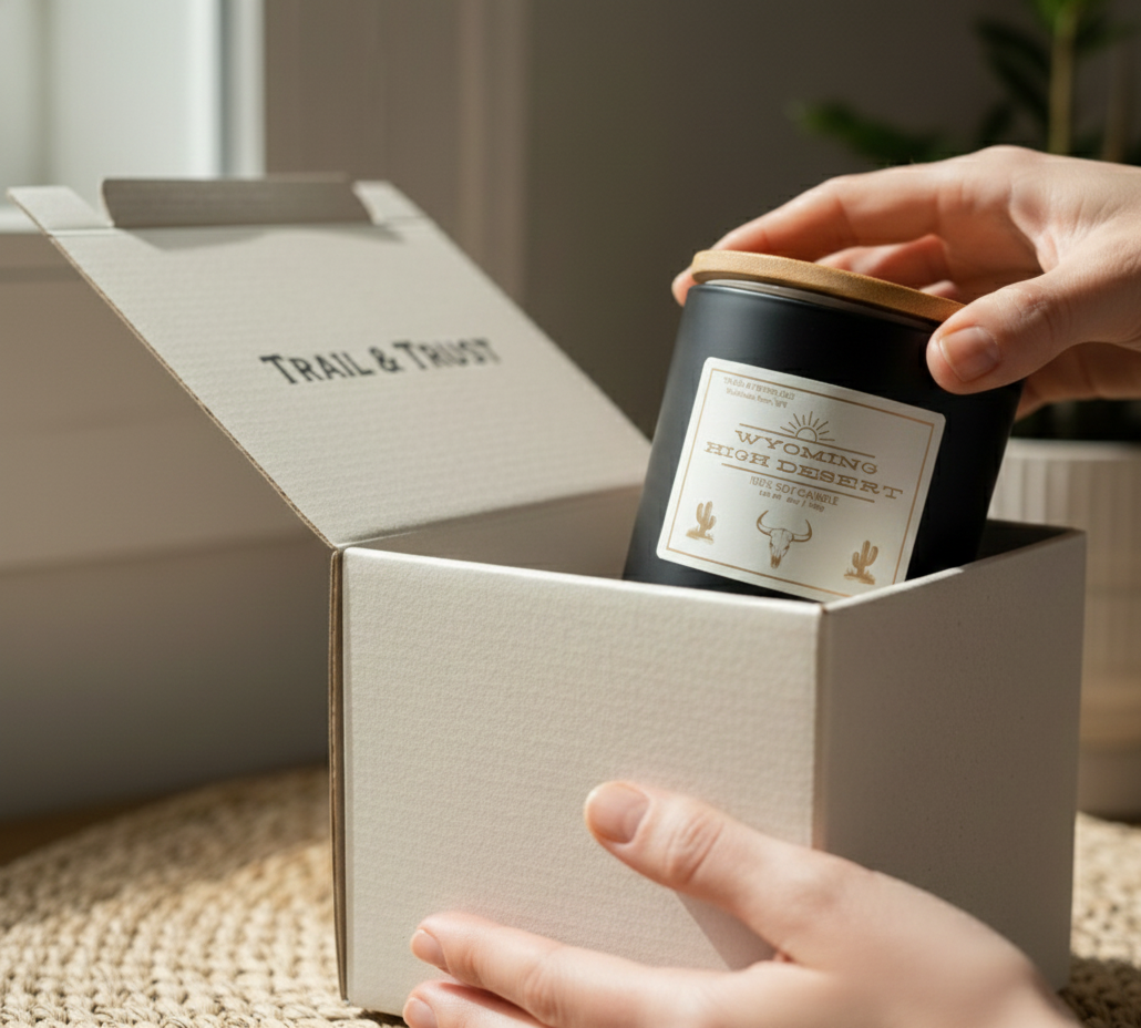 Unboxing Wyoming High Desert non-toxic soy candle with eco-friendly packaging