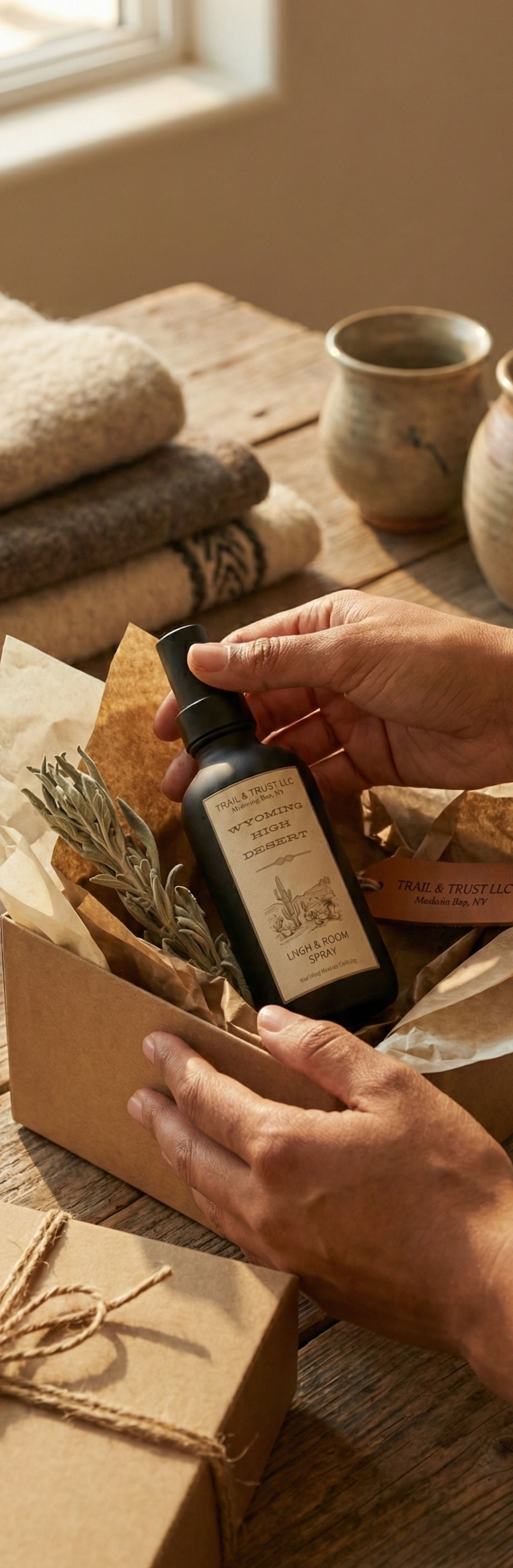 Unboxing Wyoming High Desert non-toxic room spray showing packaging and bottle details