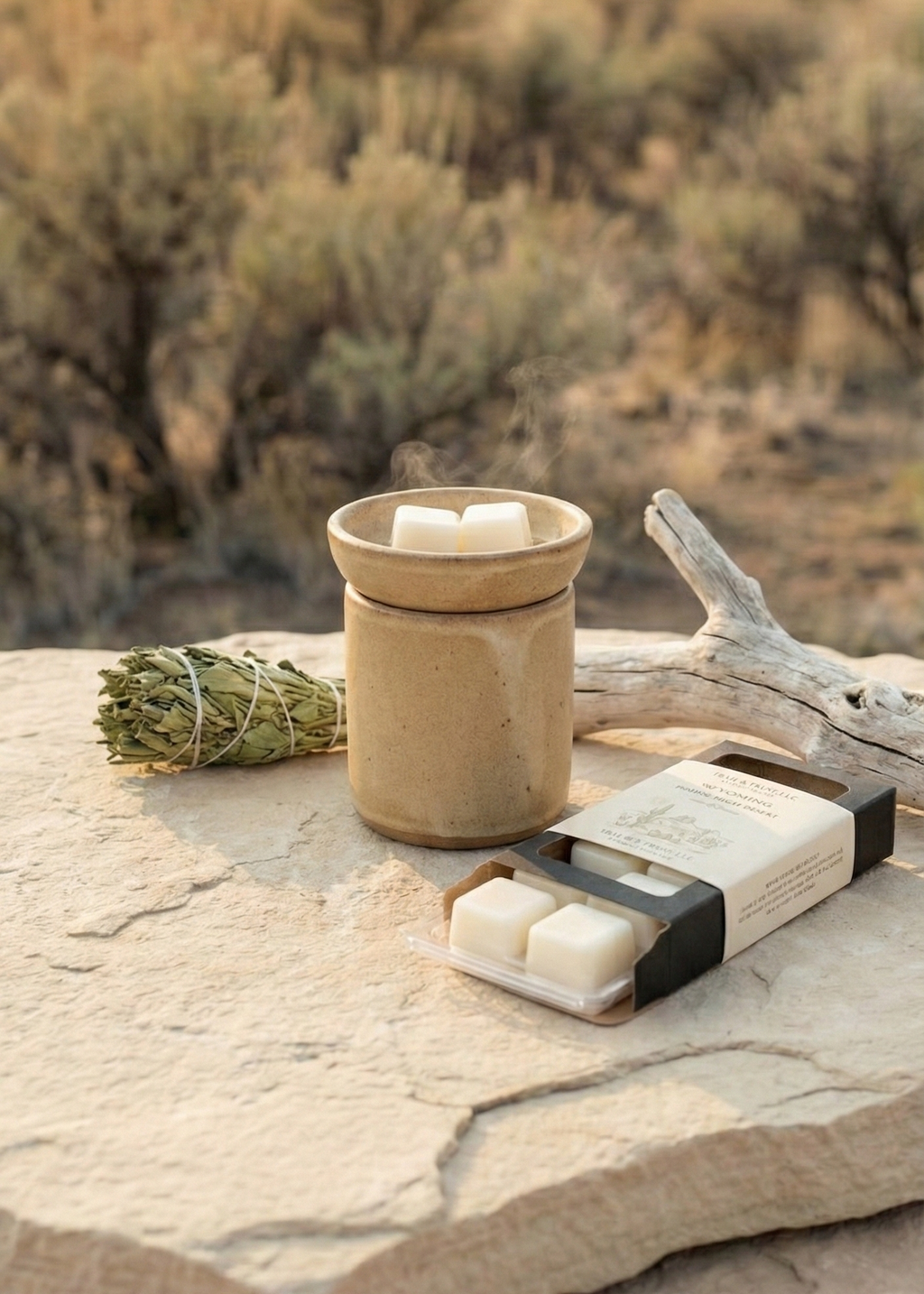 Wyoming High Desert wax melts melting in warmer, releasing warm, natural fragrance