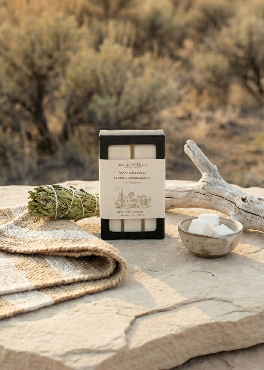 Wyoming High Desert wax melts on desert rock, inspired by open landscapes and rugged calm