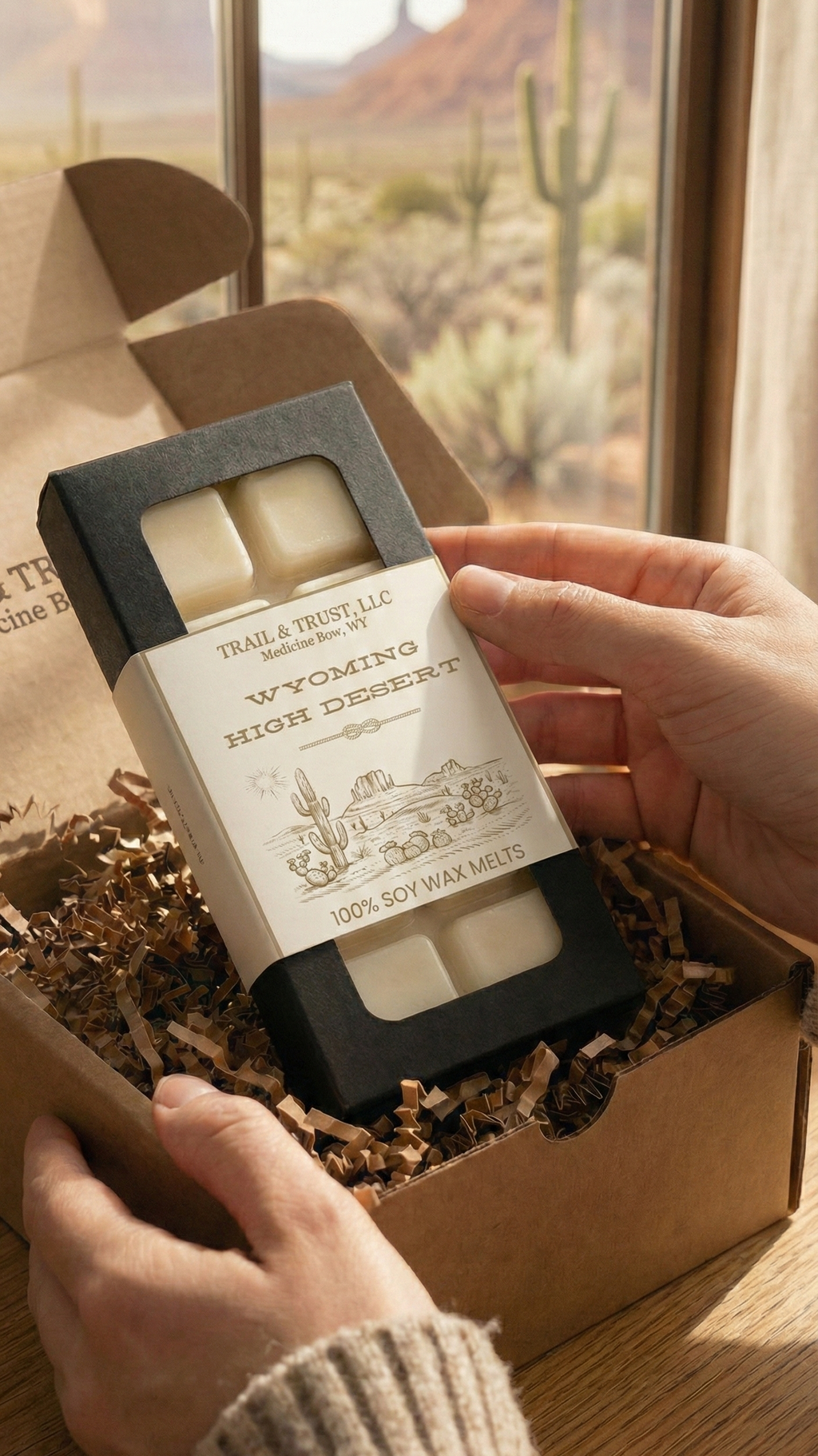 Unboxing Wyoming High Desert non-toxic wax melts with eco-friendly packaging and brand story